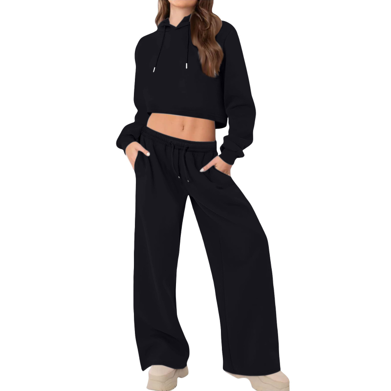 Ženski dvodijelni sportski set s kapuljačom i dugim hlačama, pamuk-poliester smjesa, 2025 zima, japansko-korejski casual stil, patchwork detalji