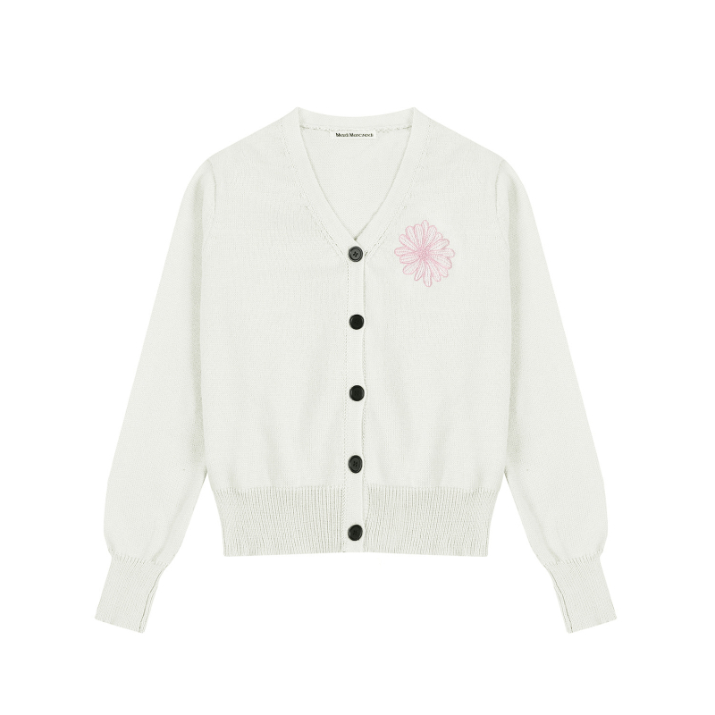 Дамски памучен плетен кардиган с бродерия - V-образно деколте, дълги ръкави, тънък силует, флорална шарка, 80–90% памук