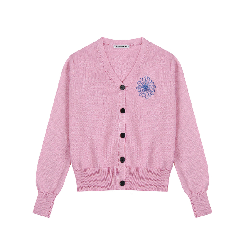 Дамски памучен плетен кардиган с бродерия - V-образно деколте, дълги ръкави, тънък силует, флорална шарка, 80–90% памук