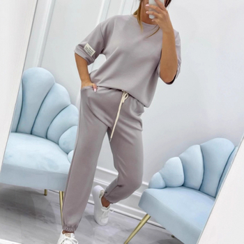 Ženski casual kostim s hlačama – jednofareban model, detalji kolage, pamuk-poliester mješavina