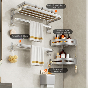 Regal za kupaonicu od aluminijske legure, oksidirana površinski sloj, 5-dijelni set, montaža bez bušenja