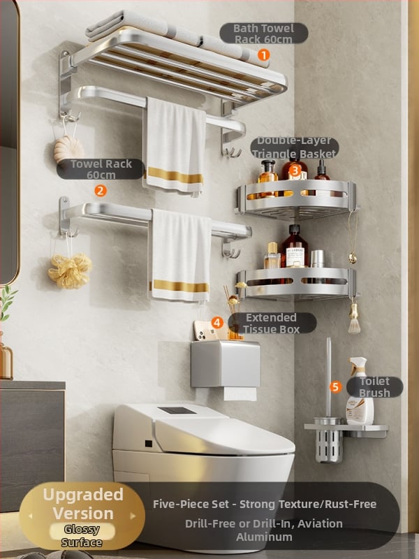 Regal za kupaonicu od aluminijske legure, oksidirana površinski sloj, 5-dijelni set, montaža bez bušenja