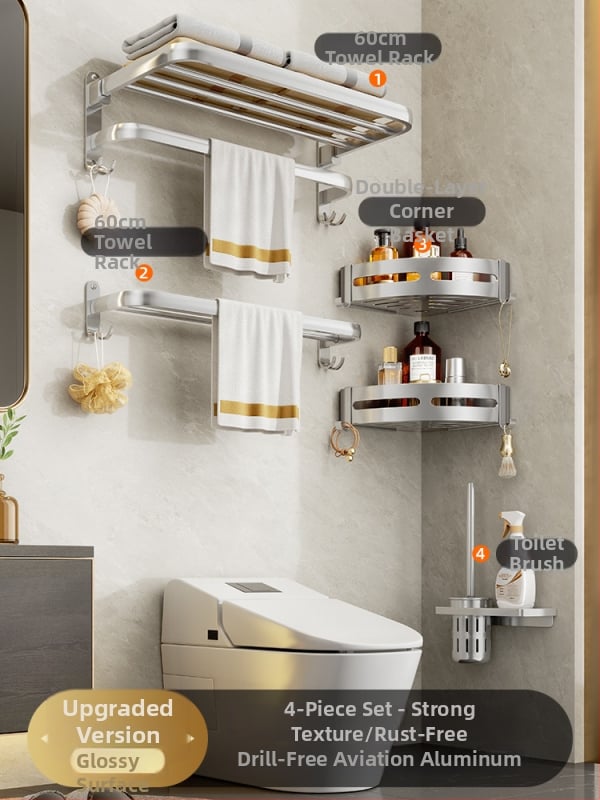 Regal za kupaonicu od aluminijske legure, oksidirana površinski sloj, 5-dijelni set, montaža bez bušenja