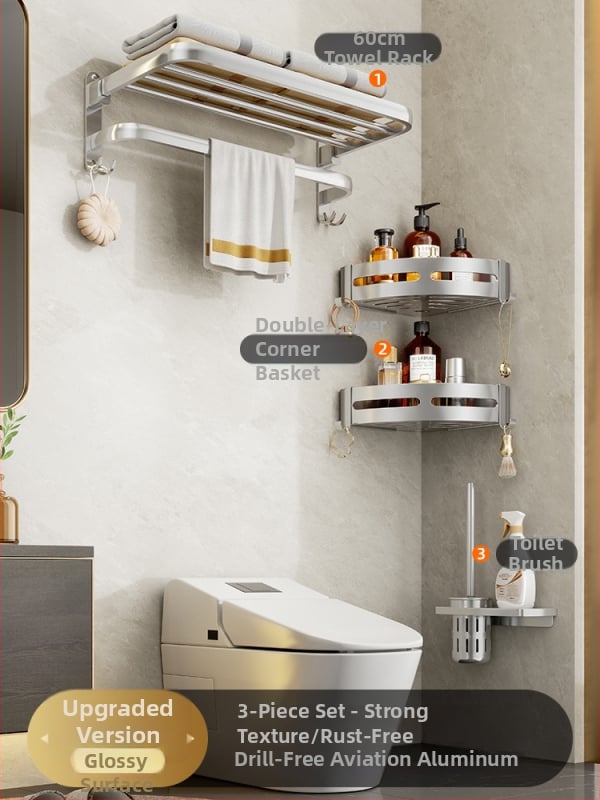 Regal za kupaonicu od aluminijske legure, oksidirana površinski sloj, 5-dijelni set, montaža bez bušenja