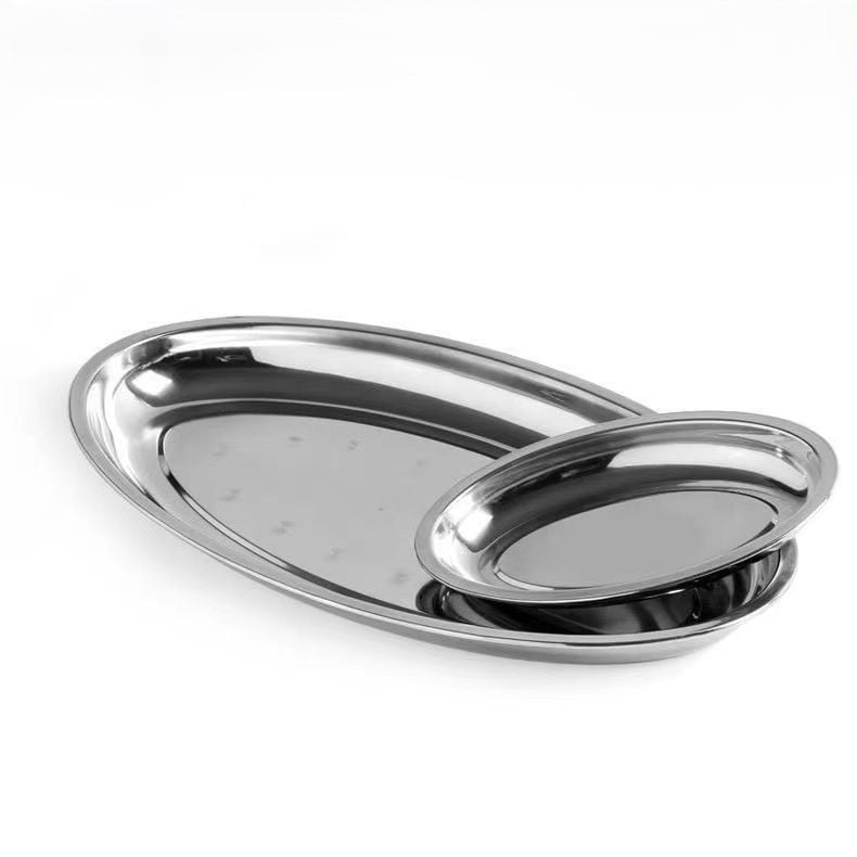Nehrđajući čelik – debeli ovalni tanjur za ribu – nepravilnog oblika, polirana površina, sigurno za mikrovalnu, svakodnevno posuđe