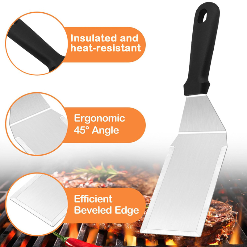 Set de unelte BBQ – oțel inoxidabil, spatulă pentru hamburger, lopată și tăietor de făină