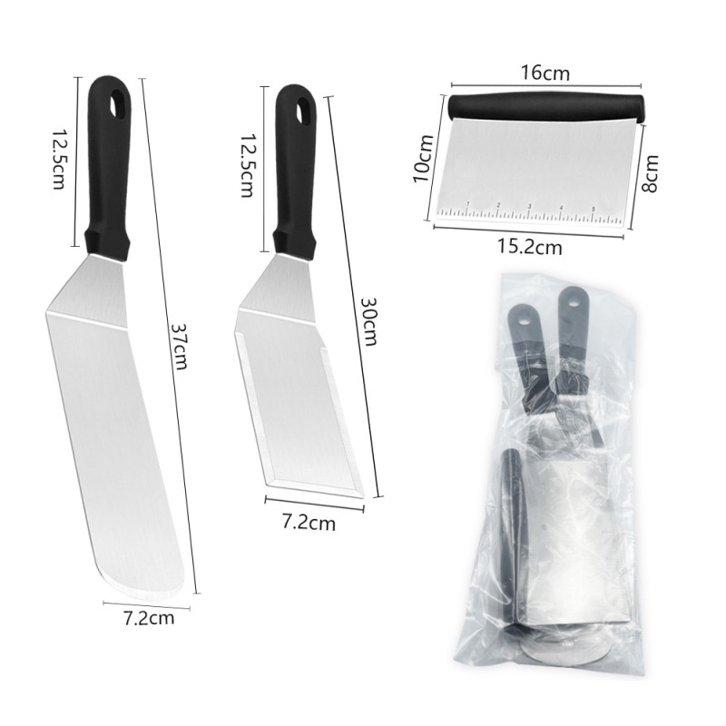Set de unelte BBQ – oțel inoxidabil, spatulă pentru hamburger, lopată și tăietor de făină