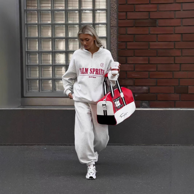 Ženski dvodjelni set s zatvaračem: sweatshirt s dugim rukavima i natpisom slova, pamuk