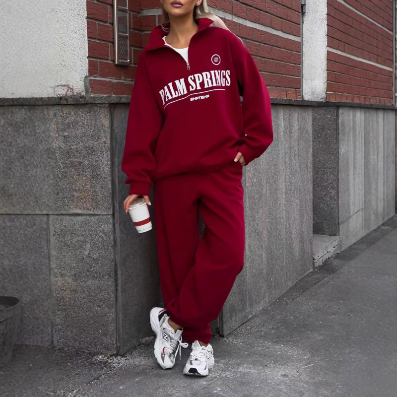 Ženski dvodjelni set s zatvaračem: sweatshirt s dugim rukavima i natpisom slova, pamuk