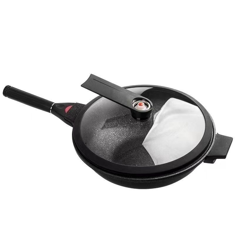 Wok din aliaj de aluminiu, bază multi-strat, capac din oțel inoxidabil cu geam, compatibil cu gaz și aragaz cu inducție, model W21, greutate 1,5 kg