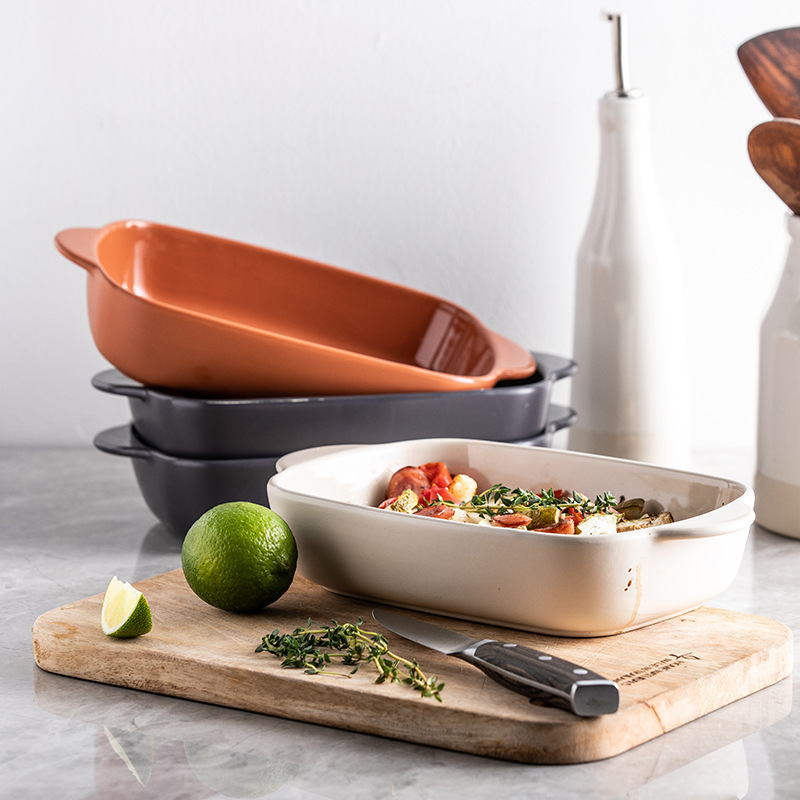 Tavă ceramică dreptunghiulară pentru cuptor, cu mânere duble, compatibilă cu microunde