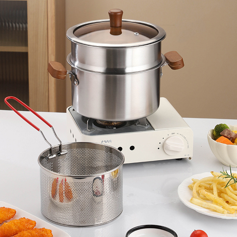 304 Ανοξείδωτος πολυλειτουργική κατσαρόλα για οικιακή χρήση – τηγάνισμα και ατμό, με διπλές λαβές και καπάκι από θερμοσκληρυμένο γυαλί, με μονό πάτο