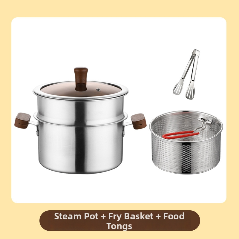 304 nerezovej ocele viacerúčelový hrniec pre domáce použitie – vyprážanie a varenie v pare, s dvojitými úchytkami a pokrievkou z tvrdeného skla, s jedným dnom