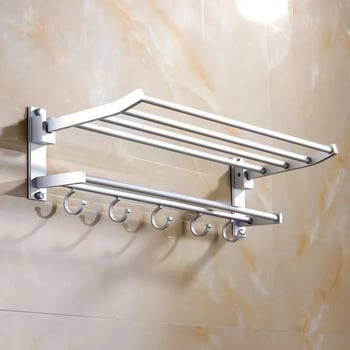 Suport pentru prosoape de baie din aluminiu, cu două niveluri, finisaj lucios și raft pliabil