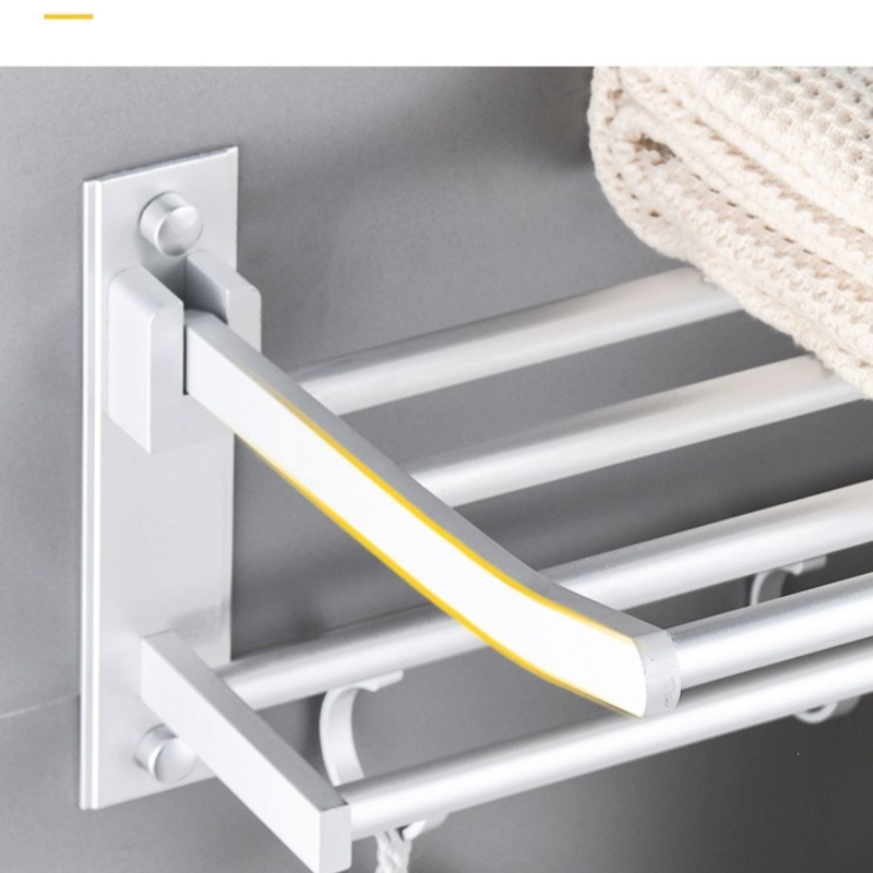 Suport pentru prosoape de baie din aluminiu, cu două niveluri, finisaj lucios și raft pliabil
