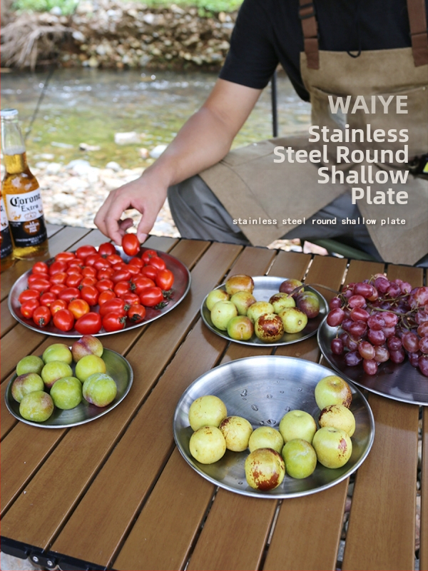 Sada piatich tanierov z nehrdzavejúcej ocele na piknik – kruhové tenké taniere, prenosné, odolné voči teplu