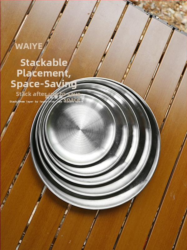 Sada piatich tanierov z nehrdzavejúcej ocele na piknik – kruhové tenké taniere, prenosné, odolné voči teplu