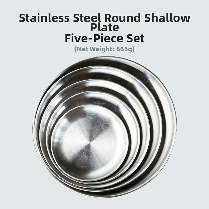 Sada piatich tanierov z nehrdzavejúcej ocele na piknik – kruhové tenké taniere, prenosné, odolné voči teplu