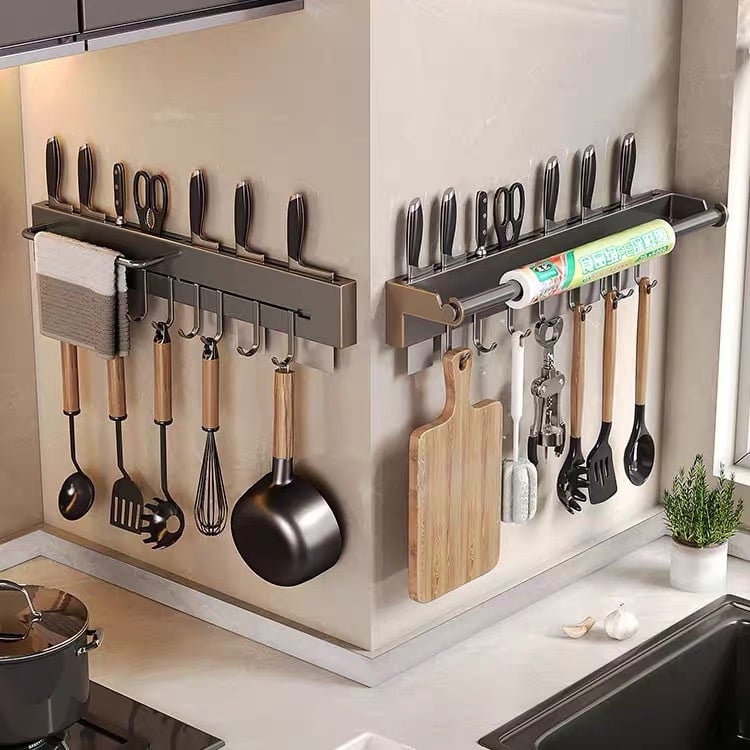 Стенно монтиран държач за ножове от неръждаема стомана, мултифункционално кухненско съхранение, стил модерен китайски
