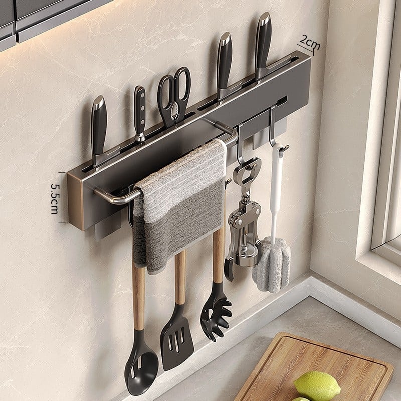 Стенно монтиран държач за ножове от неръждаема стомана, мултифункционално кухненско съхранение, стил модерен китайски