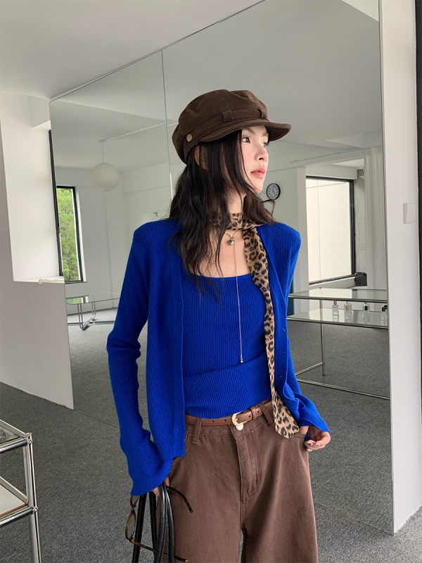 Ženski dvodijelni pleteni set: cardigan i top s ramenskim trakama, korejski stil, jesen 2025, PVC tkanina, dugi rukavi