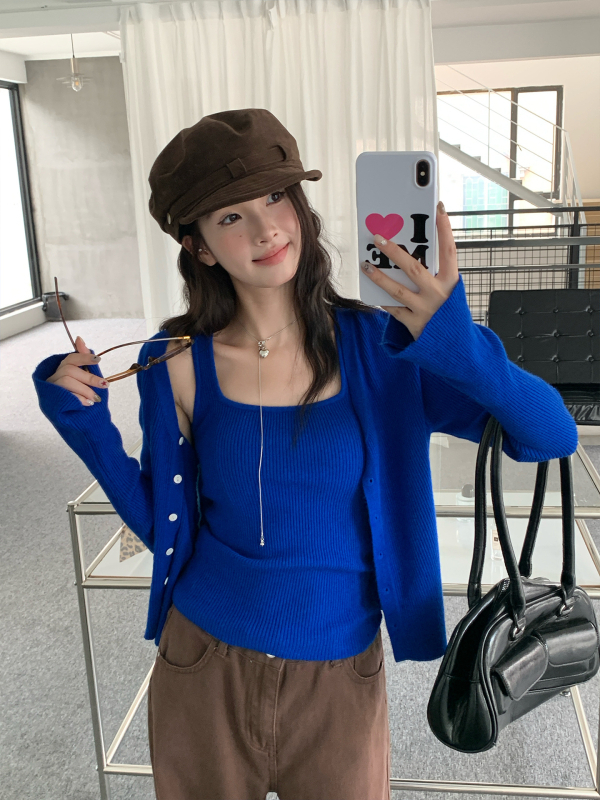 Ženski dvodijelni pleteni set: cardigan i top s ramenskim trakama, korejski stil, jesen 2025, PVC tkanina, dugi rukavi