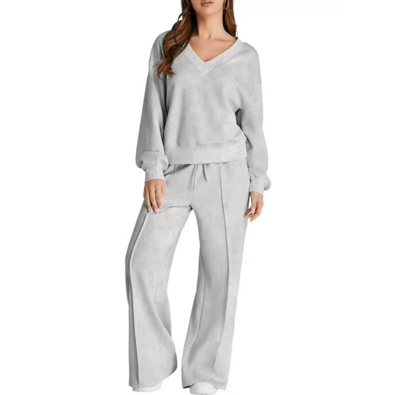 Set pentru femei, toamnă-iarna 2025, culoare solidă, top T-shirt cu mâneci lungi și pantaloni, țesătură poliester, cusături tip splice