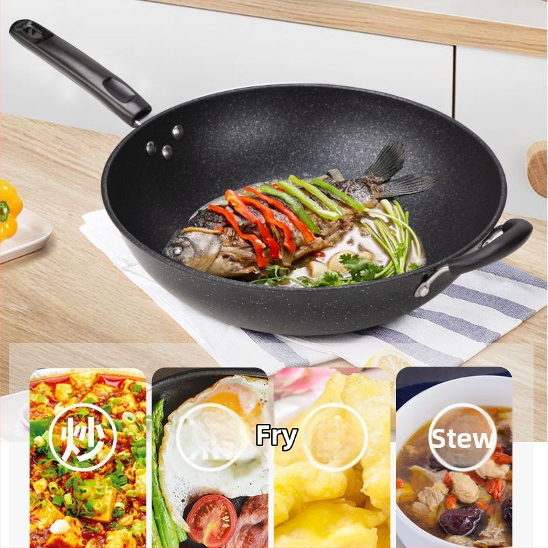 Wok tigăi, fier rafinat, antiaderent, compatibil cu plite cu inducție și gaz, cu fund simplu, greutate 1,8 kg