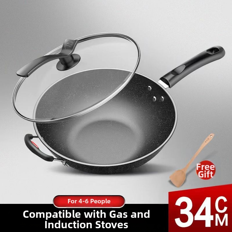 Wok tigăi, fier rafinat, antiaderent, compatibil cu plite cu inducție și gaz, cu fund simplu, greutate 1,8 kg