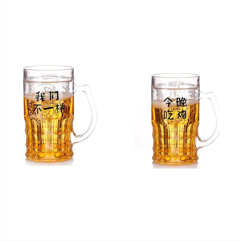 Dvojstenný pohár na pivo, sklo soda-lime, vzor ľadovcový, s uchom