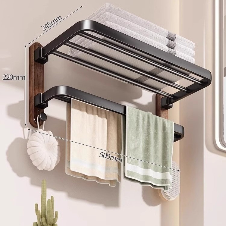 Zidni držač ručnika bez bušenja, od orahovog drveta s aluminijskim okvirom, jednoslojni dizajn, nosivost 1–5 kg