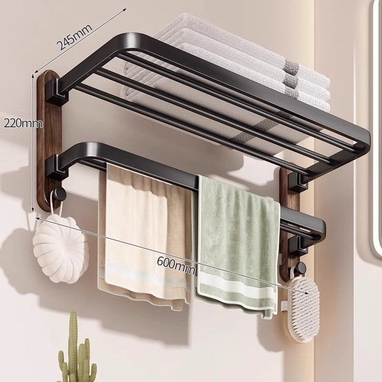 Zidni držač ručnika bez bušenja, od orahovog drveta s aluminijskim okvirom, jednoslojni dizajn, nosivost 1–5 kg