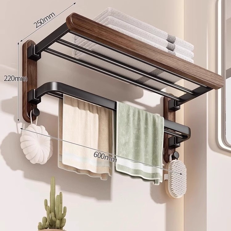 Zidni držač ručnika bez bušenja, od orahovog drveta s aluminijskim okvirom, jednoslojni dizajn, nosivost 1–5 kg