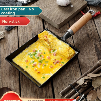 Litínový Tamagoyaki pan, japonského štýlu štvorcový, s dreveným krytom, vhodný pre plyn a indukciu