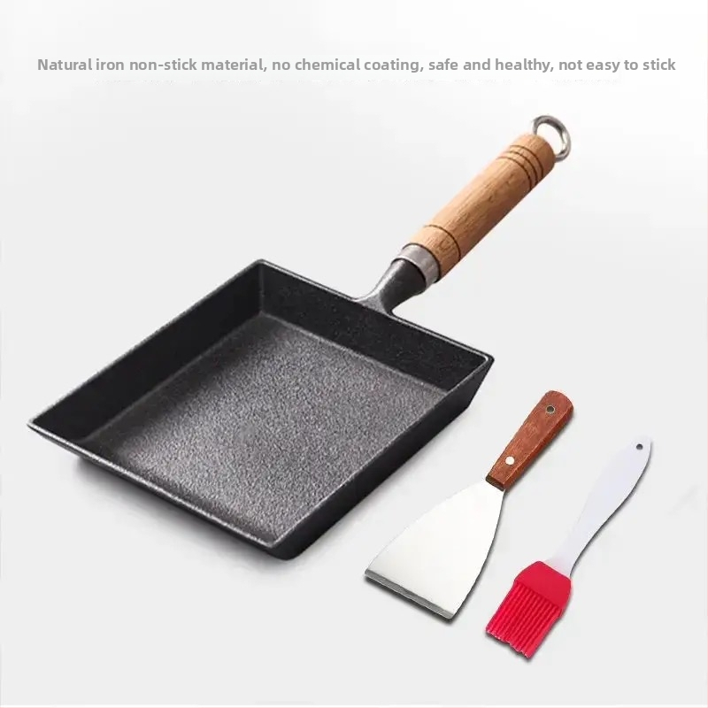 Litínový Tamagoyaki pan, japonského štýlu štvorcový, s dreveným krytom, vhodný pre plyn a indukciu