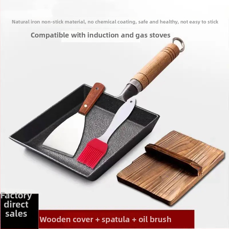 Litínový Tamagoyaki pan, japonského štýlu štvorcový, s dreveným krytom, vhodný pre plyn a indukciu