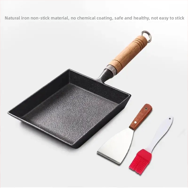 Litínový Tamagoyaki pan, japonského štýlu štvorcový, s dreveným krytom, vhodný pre plyn a indukciu