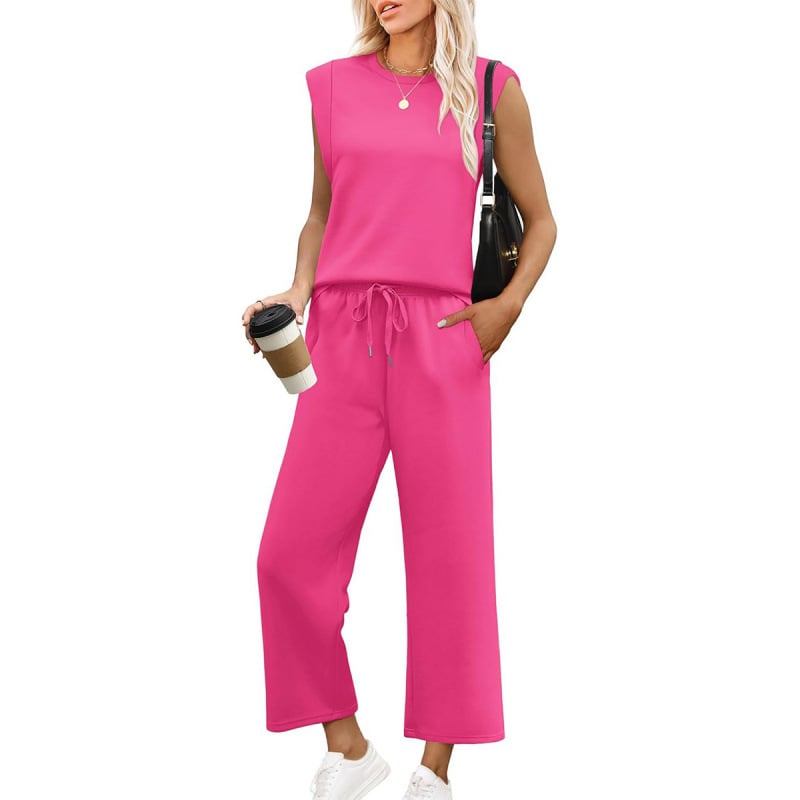 Ženski dvodijelni set: top bez rukava s okruglim izrezom i pantalone 7/8, poliester-spandeks, casual ljetni stil 2025