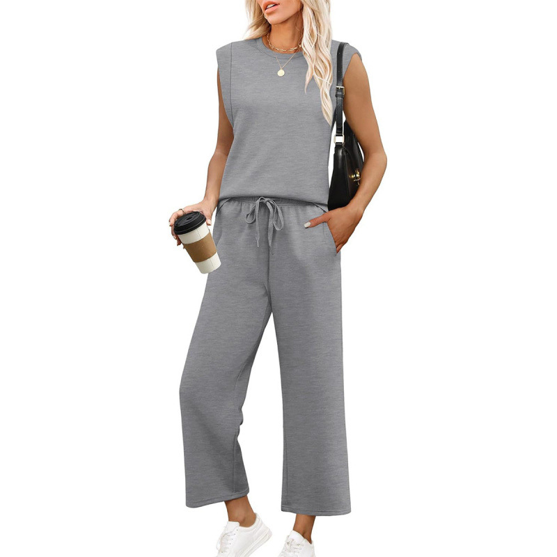 Ženski dvodijelni set: top bez rukava s okruglim izrezom i pantalone 7/8, poliester-spandeks, casual ljetni stil 2025
