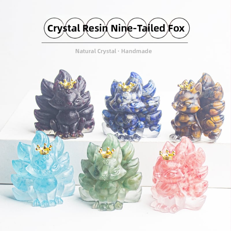 Διακοσμητικό γραφείου: εννιάουρη αλεπού με κορώνα, ρητίνη εποξειδική με κρύσταλλα, μορφή ζώου, σύγχρονο μινιμαλιστικό στυλ