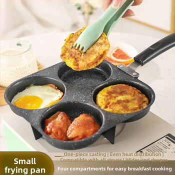 Nekĺzavá panva s bakelitovým držadlom, viacdierová forma na vajcia, omeletu, palacinky a hamburger – ploché dno (model: 2 kruhy, 2 srdcia, štvoruholník 4 kruhy)
