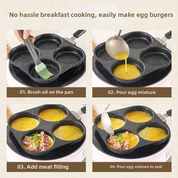 Nekĺzavá panva s bakelitovým držadlom, viacdierová forma na vajcia, omeletu, palacinky a hamburger – ploché dno (model: 2 kruhy, 2 srdcia, štvoruholník 4 kruhy)