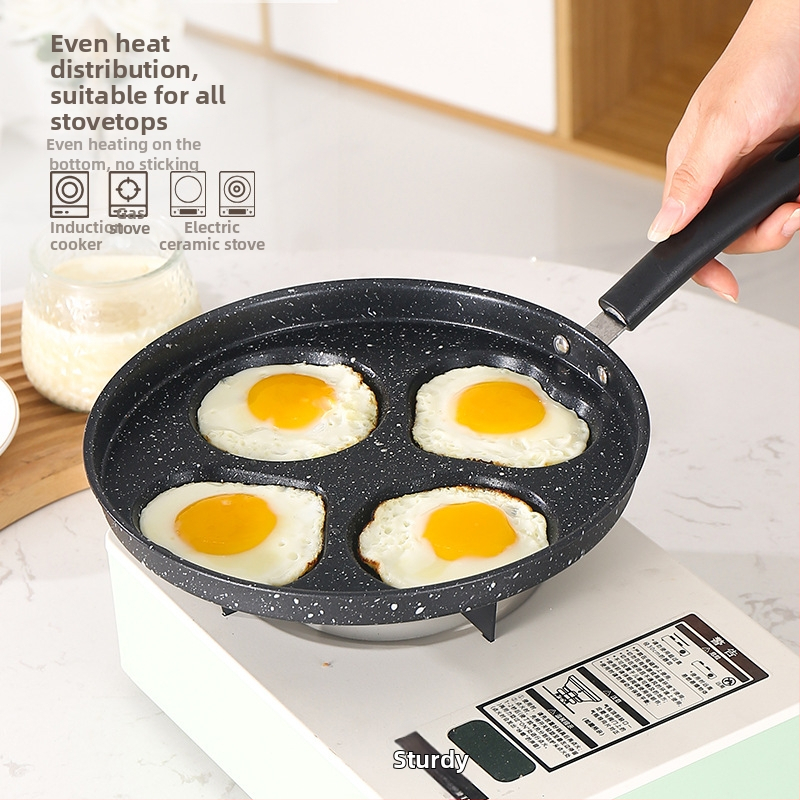 Nekĺzavá panva s bakelitovým držadlom, viacdierová forma na vajcia, omeletu, palacinky a hamburger – ploché dno (model: 2 kruhy, 2 srdcia, štvoruholník 4 kruhy)