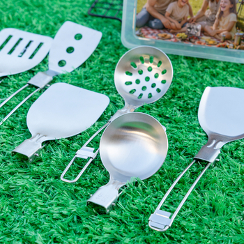 Set žlica i spatula - 304 nehrđajući čelik, sklopni za kampiranje, zaštita od opeklina, izdržljiv i otporan na deformacije, višenamjenski kuhinjski pribor