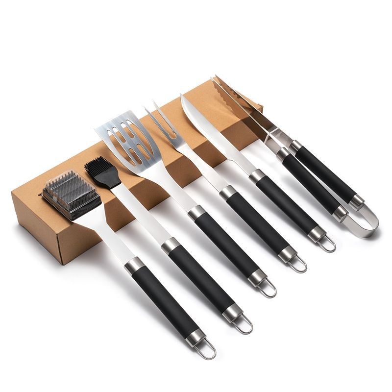 Set alata za roštilj s lakiranim držašima – nehrđajući čelik i silikon; nož, klipsa, četka, vilica, lopatica; 6-dijelni set; Brand Yuxin; Model 29446217084