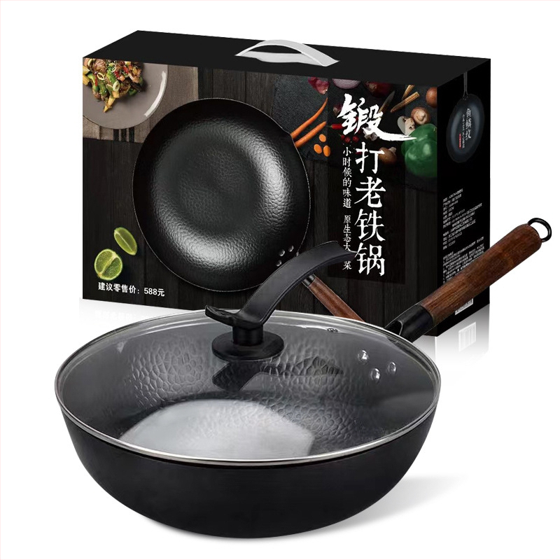 AMM-008 Wok čínskeho štýlu z tenkého železa, bez povlaku, hĺbka 10 cm, dno s jedným dnom
