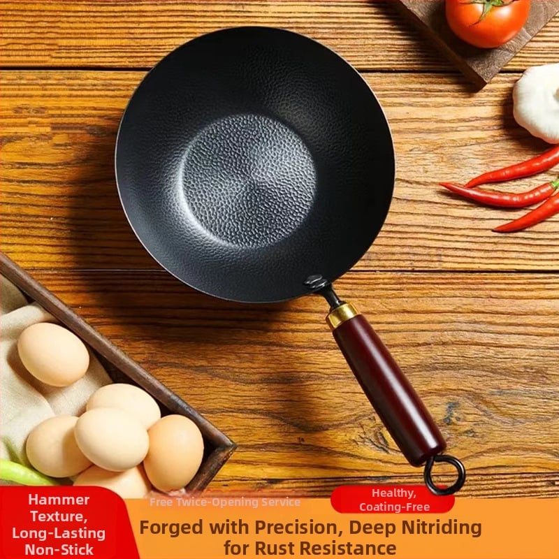 Ručno kovani željezni wok, kineskog stila, stakleni poklopac, jednostruko dno, težina 2 kg