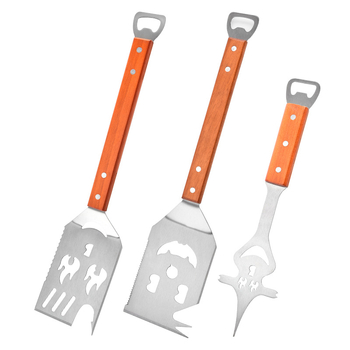 Set alata za roštilj od nehrđajućeg čelika s drvenim ručkama – 3 komada: vilica, špatula i kliješta