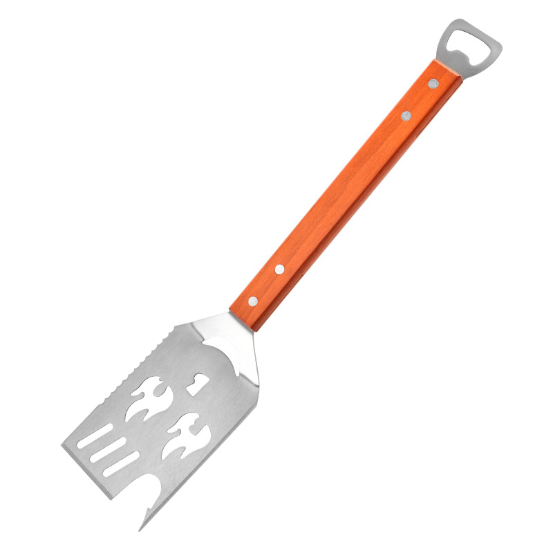 Set alata za roštilj od nehrđajućeg čelika s drvenim ručkama – 3 komada: vilica, špatula i kliješta