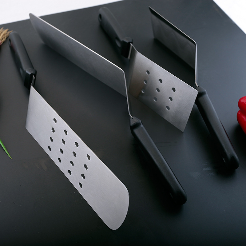 Teppanyaki lopatica od nehrđajućeg čelika s plastičnom ručkom; set alata za roštilj uključuje klip, vilicu i lopaticu; nepreklopni dizajn